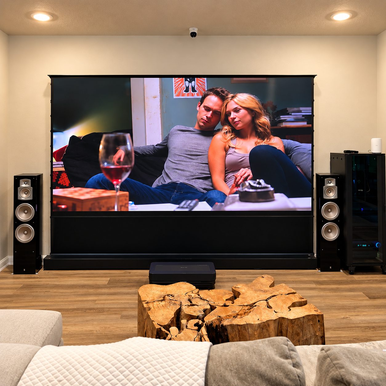 Custom home theater in Parrish, FL featuring a large projection screen, tower speakers, projector, and AV equipment installed by Precision Smart Home.