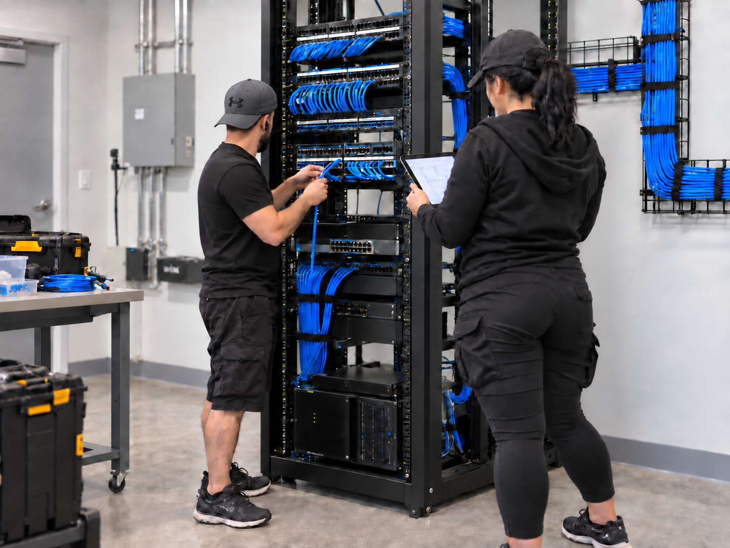 Two Precision Smart Home technicians working on a commercial network and structured cabling rack