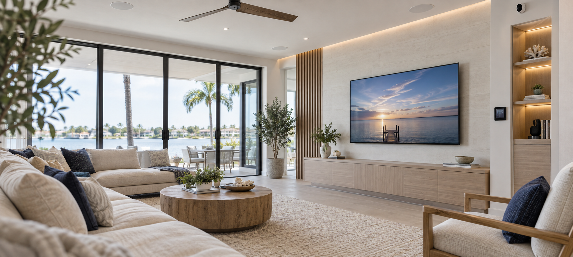 Modern living room with a wall-mounted TV, in-ceiling speakers, recessed lighting, and a wall-mounted control panel.