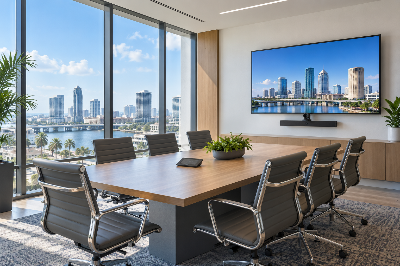 Modern conference room with commercial display and AV technology overlooking Tampa Bay