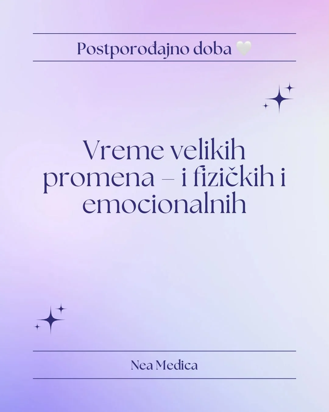 Postporođajno doba je vreme velikih promena &mdash; ne samo za telo, već i za emocije 🤍 Umor, preplavljenost, strah ili tuga su česti i normalni.
Briga o sebi nije luksuz, već potreba. Slu&scaron;ajte svoje telo, svoje emocije i potražite podr&scaro