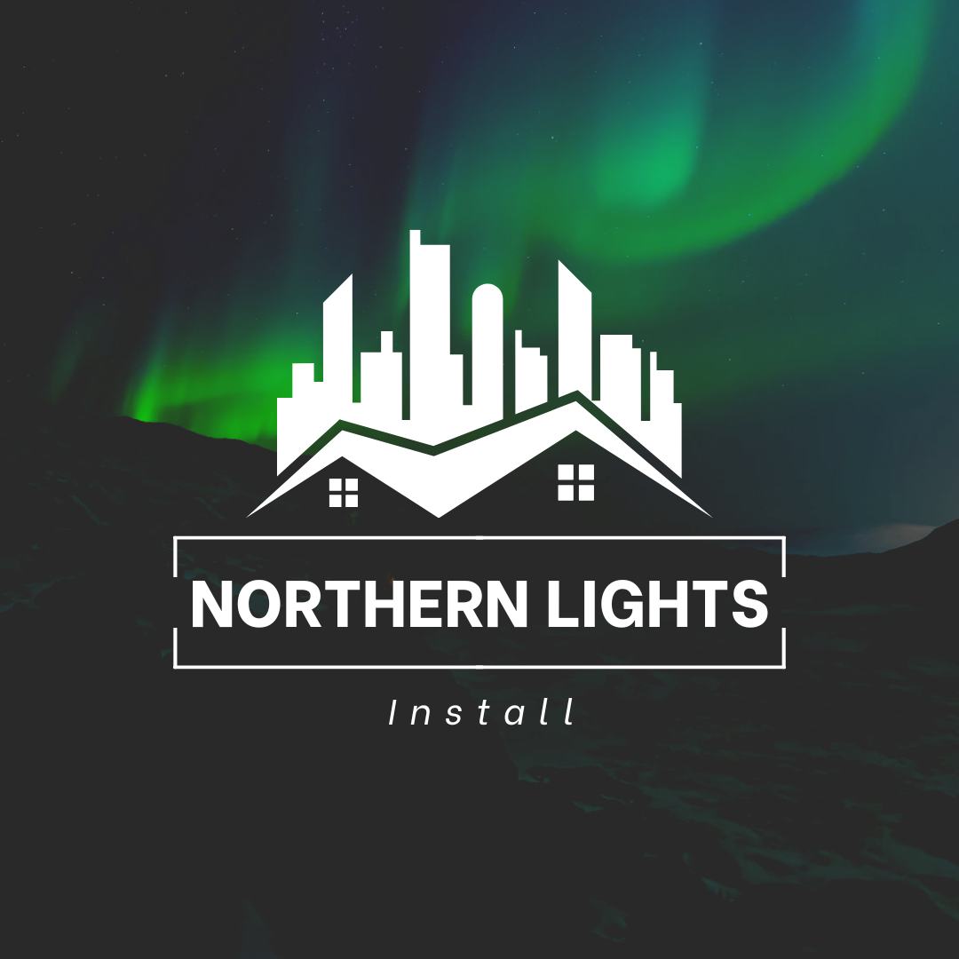 Graphic logo for Northern Lights Install featuring a stylized city skyline and house silhouette against a backdrop of the northern lights or aurora borealis in the night sky.
