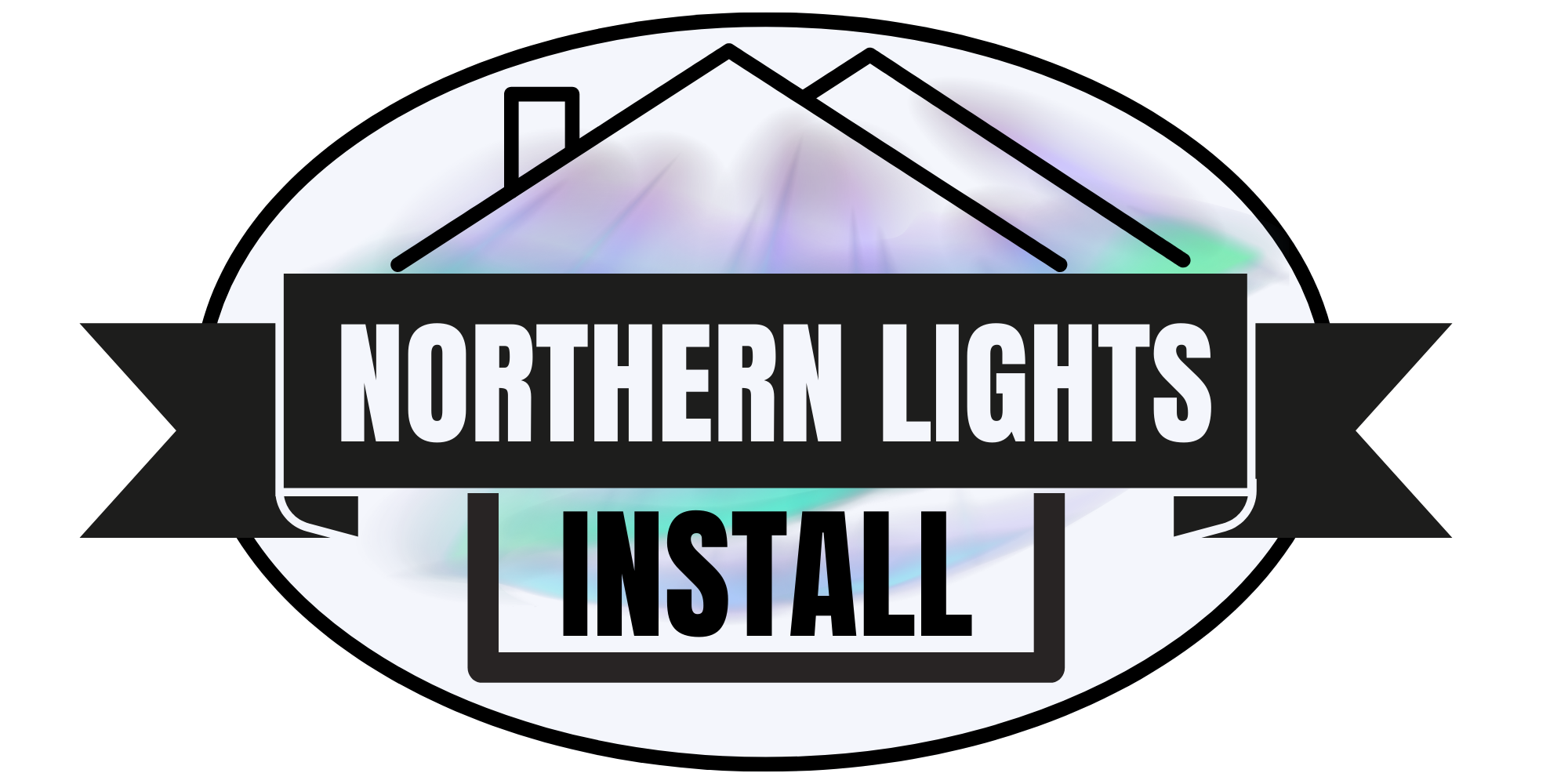 Logo for Northern Lights Install featuring a stylized outline of a house with aurora borealis inside and text overlay. The text reads 'Northern Lights Install' with 'Northern Lights' in bold white on a black banner, and 'Install' in black on a white background.