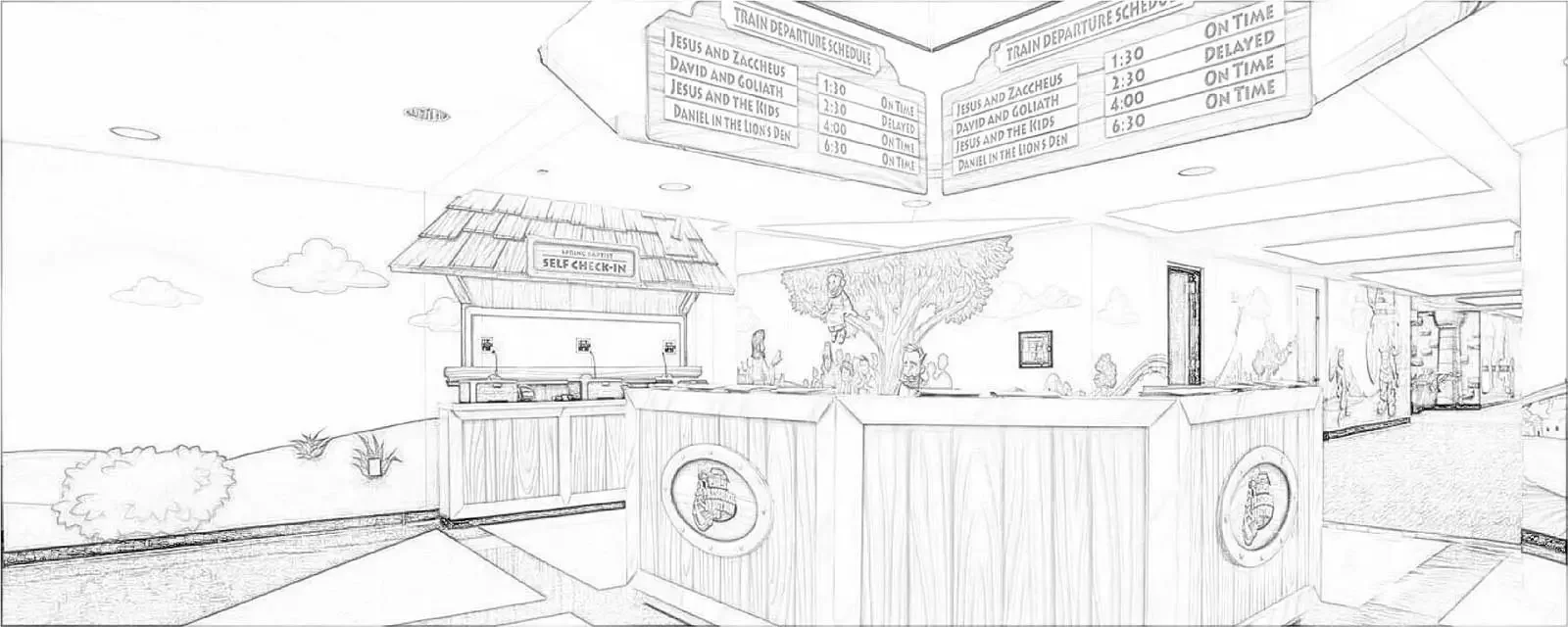 Sketch of a church lobby with a check-in desk, an electronic schedule board hanging from the ceiling displaying departure times for biblical stories, and a mural of a tree with children around it, along with what appears to be a self-check-in kiosk.