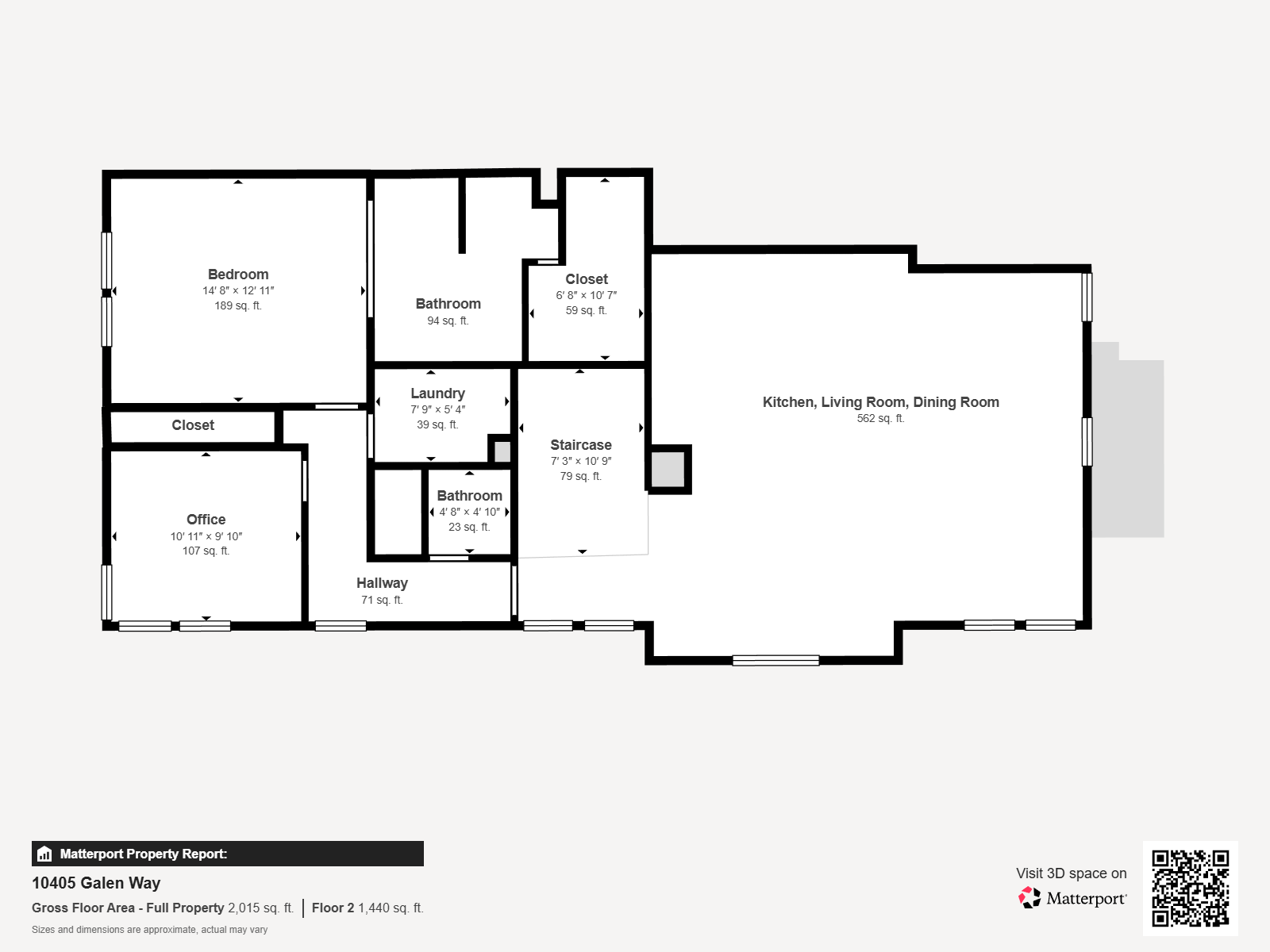 Floor plan of a house with labeled rooms including a bedroom, two bathrooms, a closet, laundry room, office, hallway, staircase, and an open kitchen, living room, dining area.
