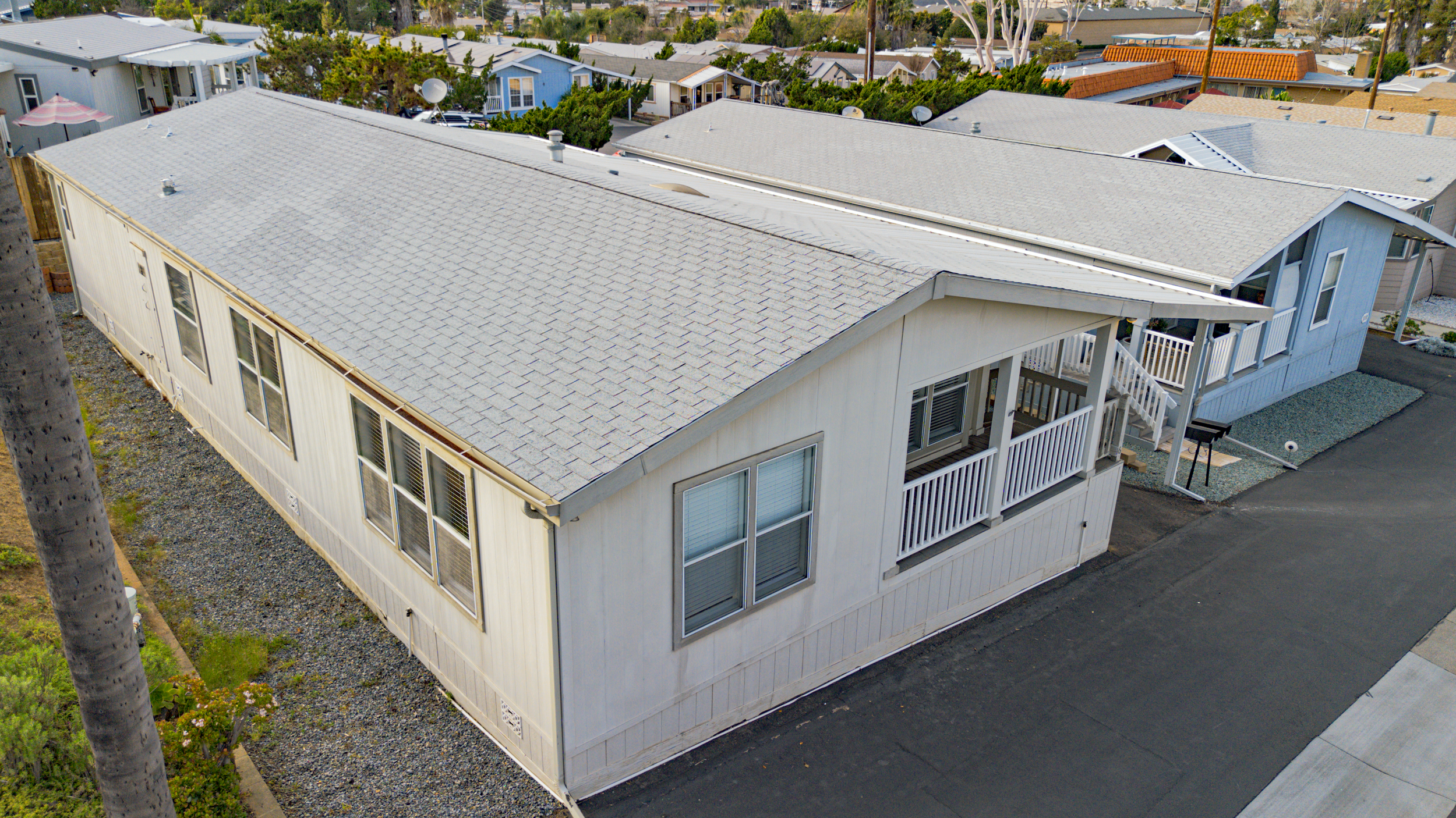 Drone photo of a mobile home sale in el cajon. Media provided by sandpiper property media in san diego.