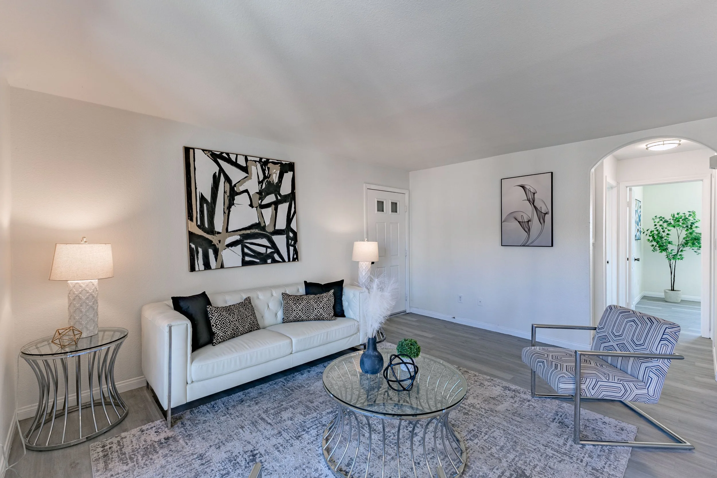 Decorative living room with white sofa, black and patterned pillows, modern art on the walls, glass coffee table with decorative objects, armchair, side table with lamp, and a large indoor plant in the background.