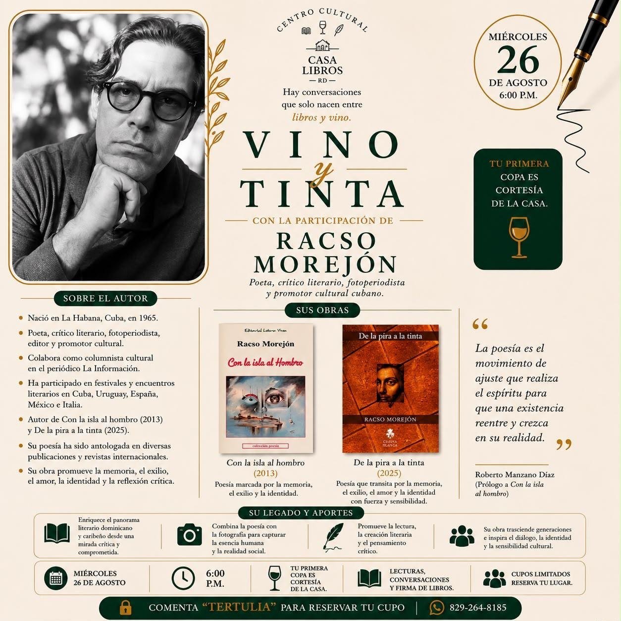 Centro Cultural Casa Libros y Racso Morejón invitan a compartir entre libros, vino, poesía y creación literaria