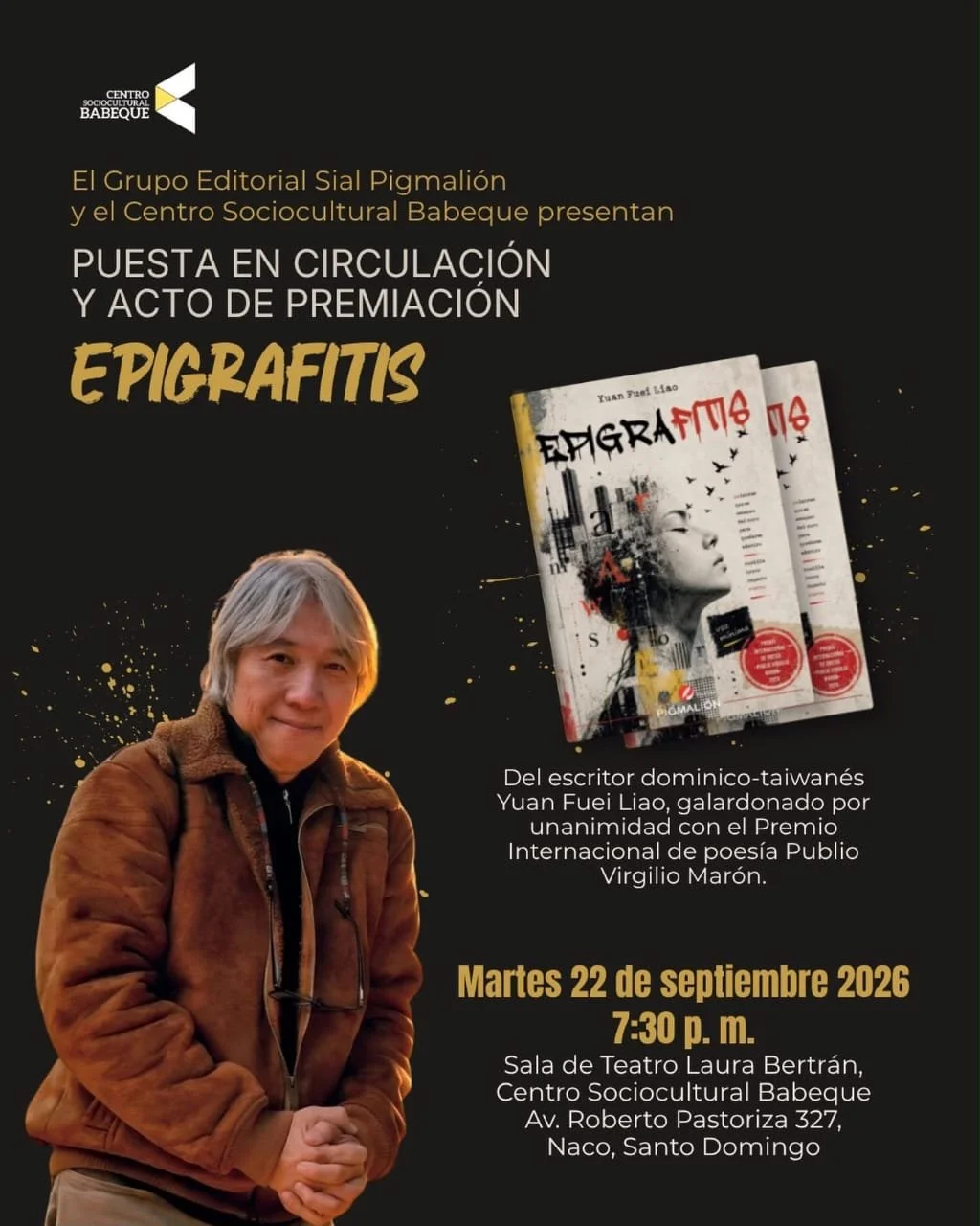 Yuan Fuei Liao presentará Epigrafitis y recibirá el Premio Internacional de Poesía «Publio Virgilio Marón» 2026