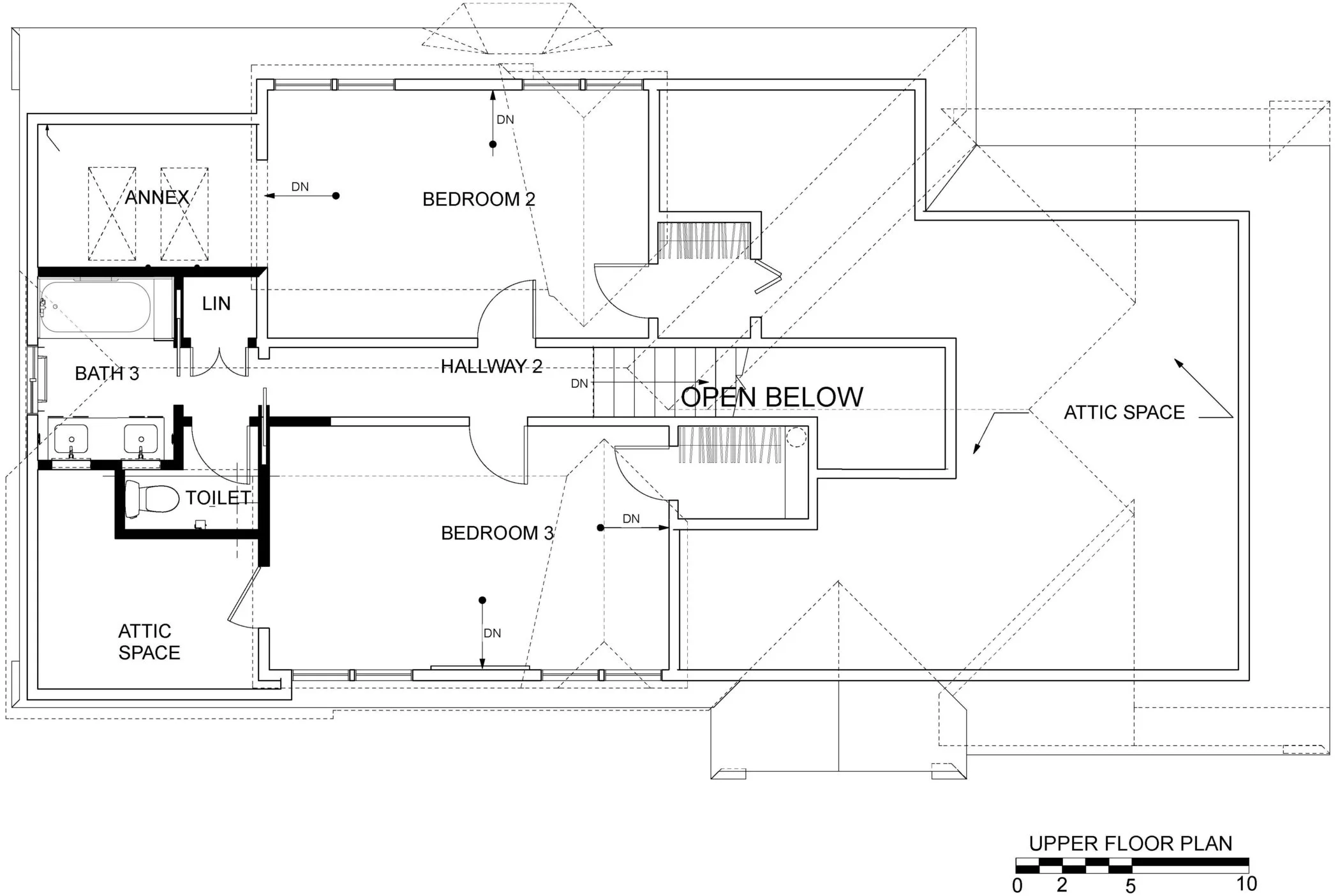 After floor plan of the upper story, showing the reconfigured bathroom and bedroom arrangement that increases usable space for adjacent bedrooms and improves circulation.