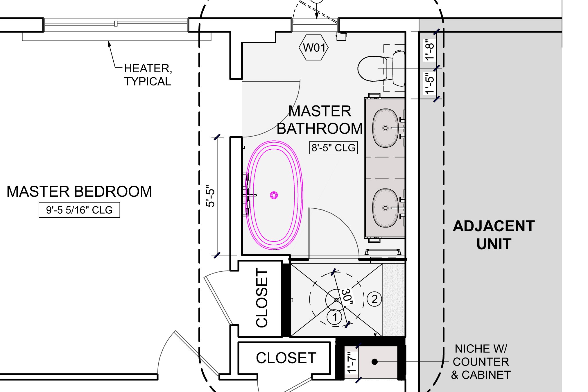 Floor plan of completed Master Bathroom remodel featuring a modern soaking tub, spacious shower, dual-sink floating Kirei Board vanity, and green glass wall tile inspired by a previous project.