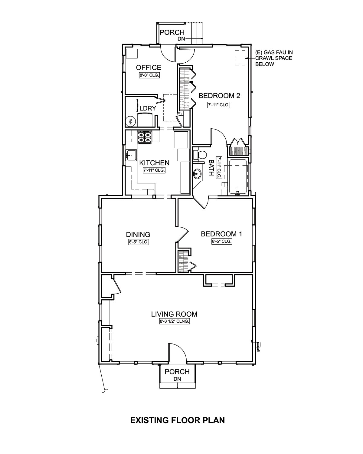 Existing floor plan showing the original layout with living room, dining room, kitchen, bedrooms, office, and bathroom before the addition and interior reconfiguration.