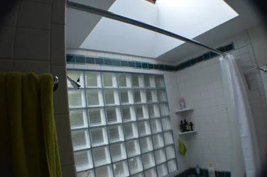 Original bathroom with glass block wall and skylight, showing an older layout and finishes before updates to improve light, function, and style.