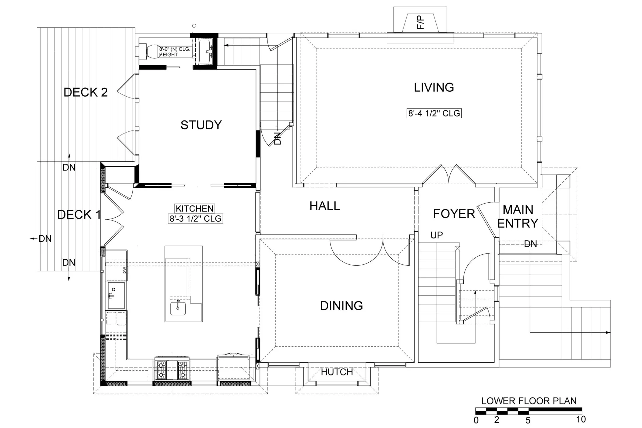 Lower floor plan after remodel, showing expanded kitchen with 11-square-foot addition, relocated powder room, removed nook, and enlarged study for improved flow.
