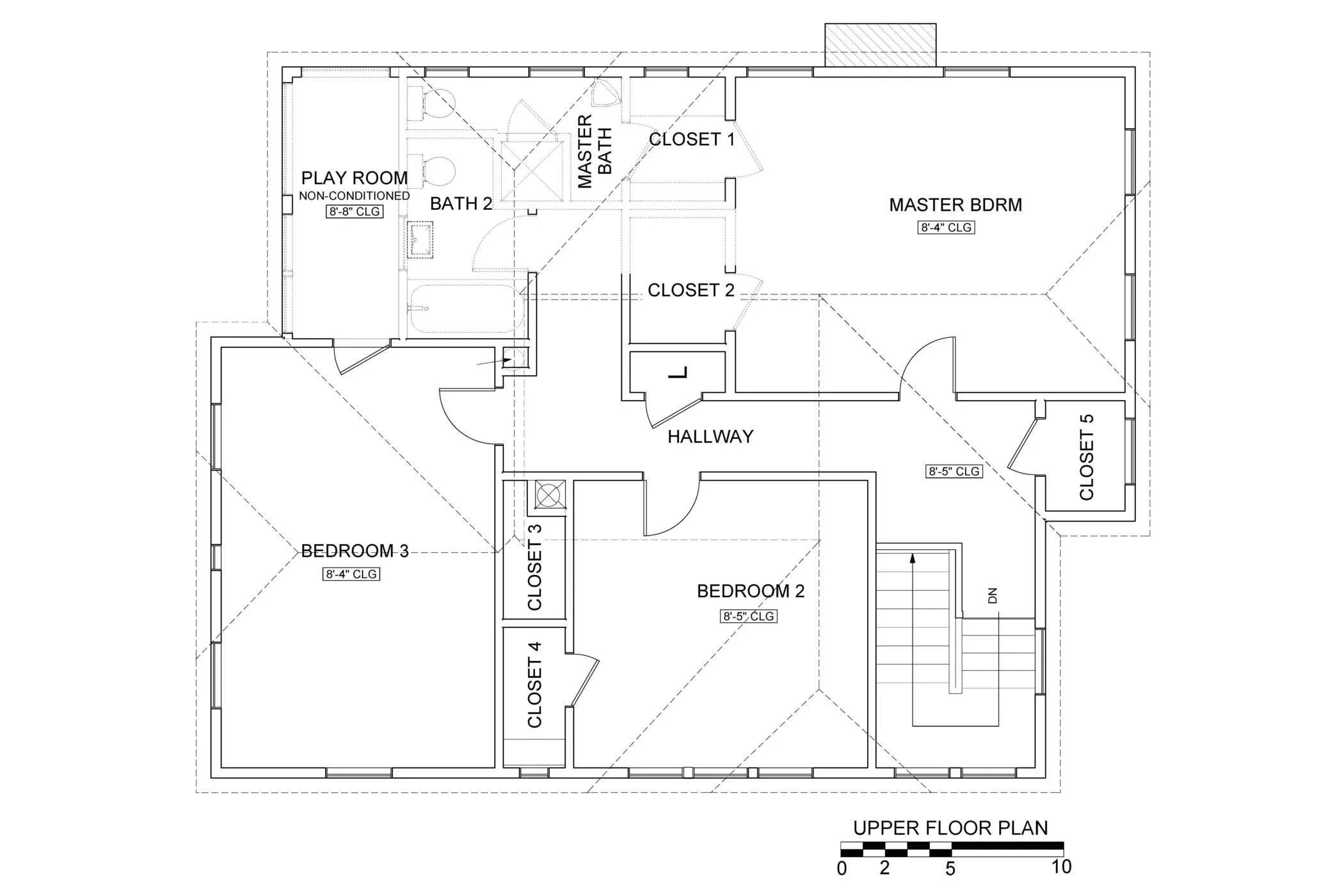 Upper floor plan before remodel with original bedroom arrangement, primary bath with shower only, and an unconditioned playroom.