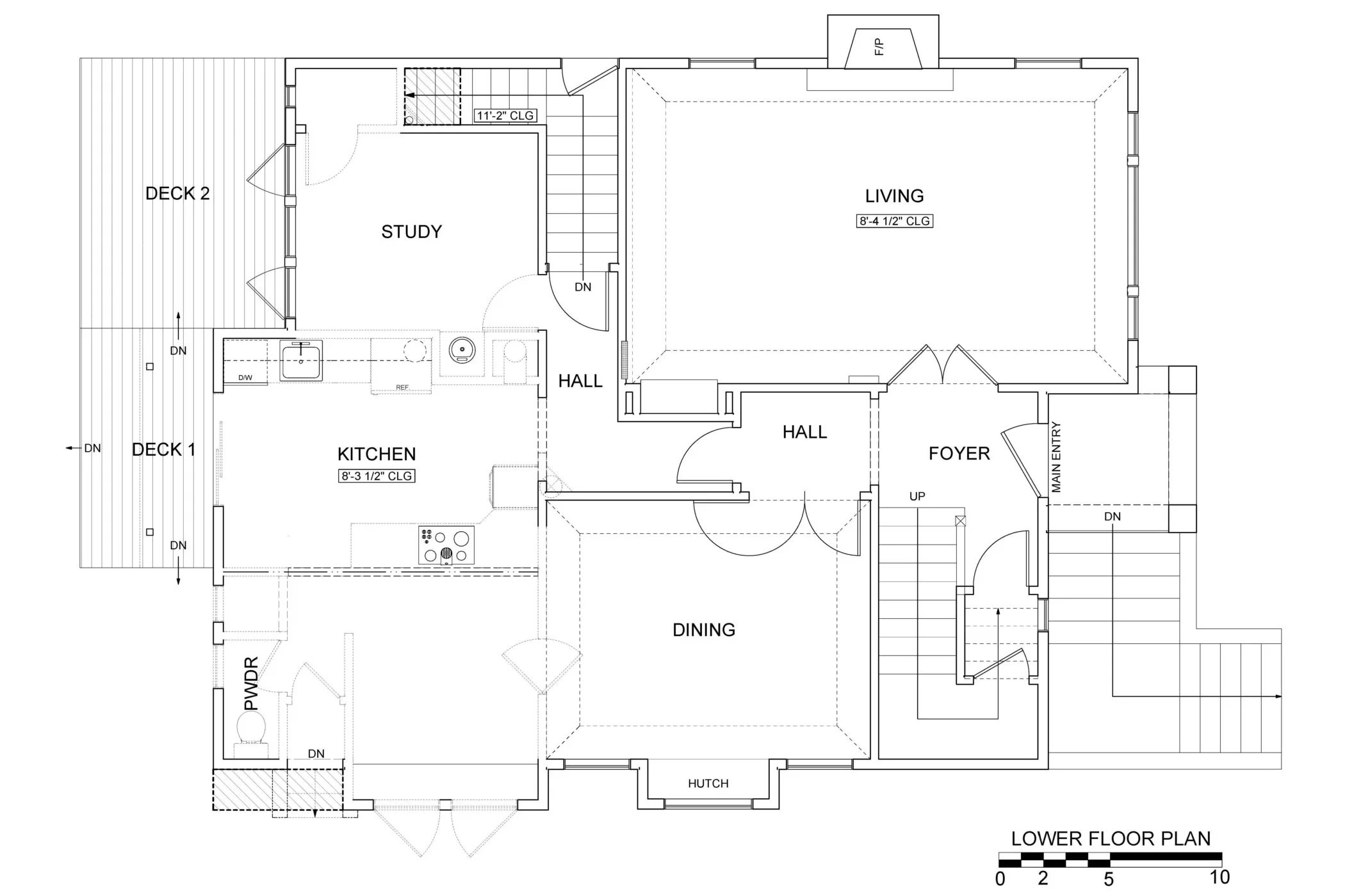 Lower floor plan before remodel, showing the original kitchen, nook, powder room, study, and living spaces before relocation and reconfiguration.
