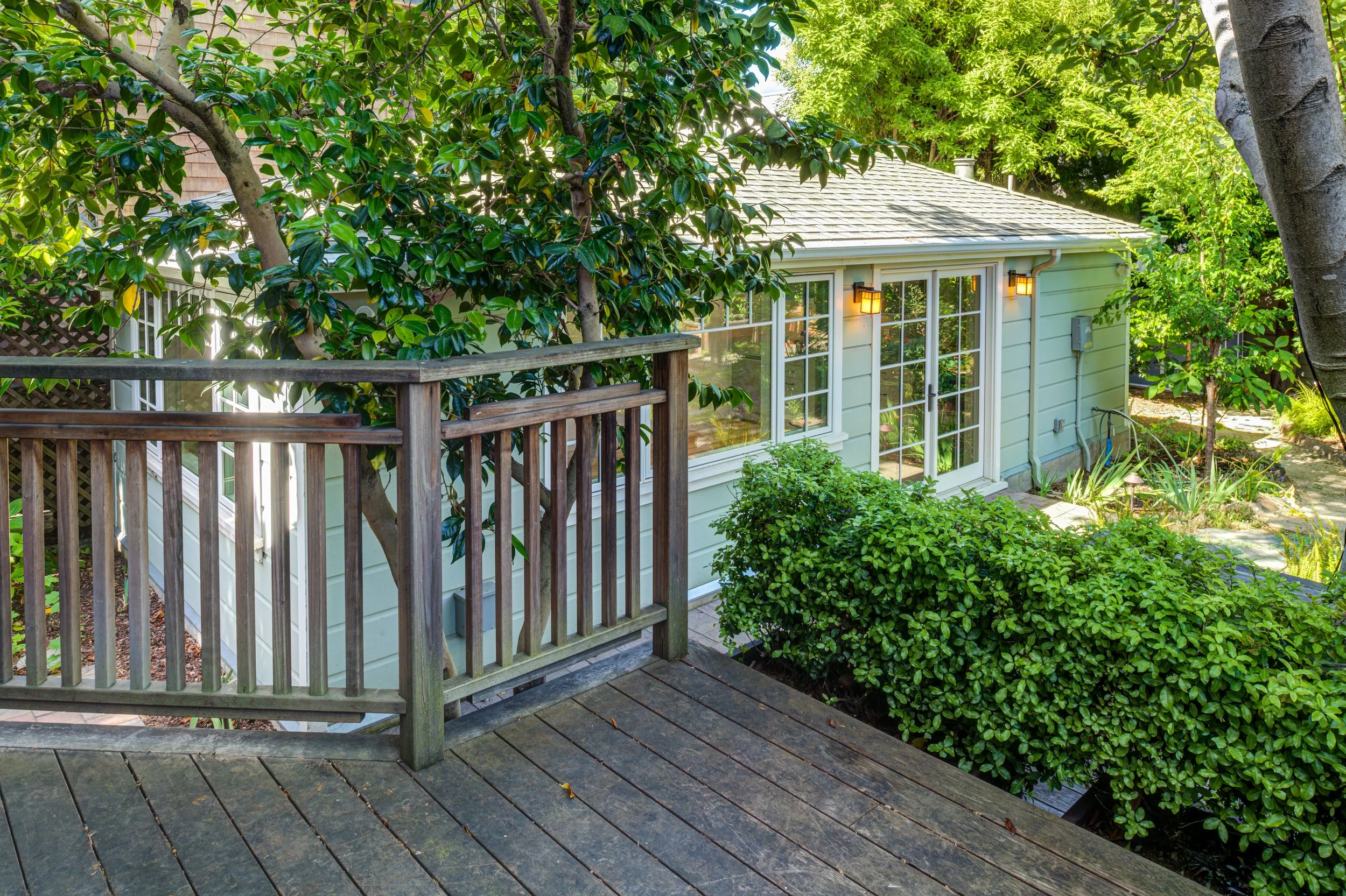 Wooden Deck looking down toward the corner of the ADU