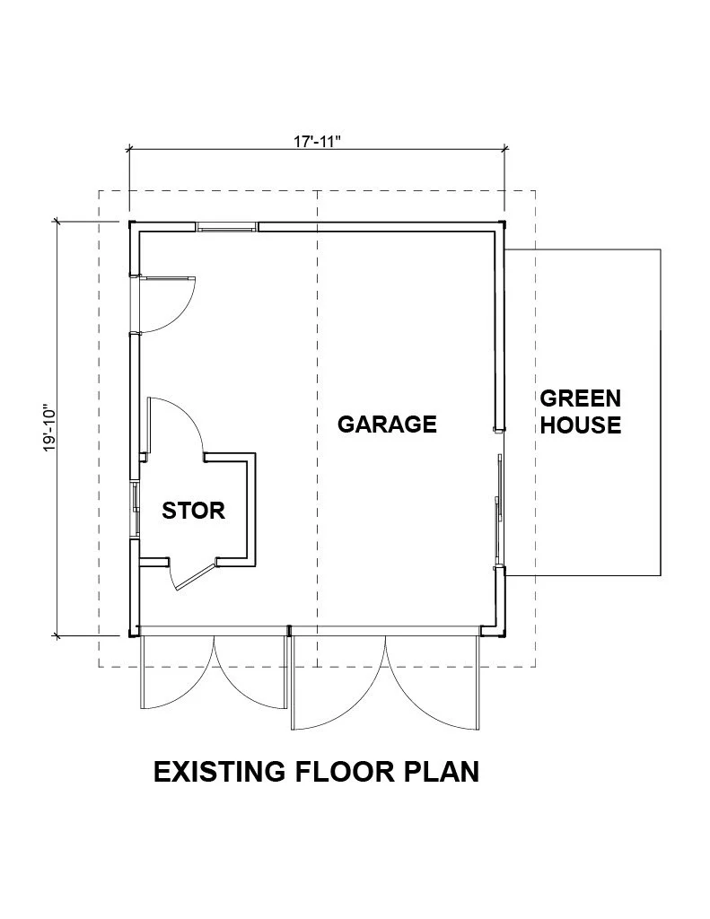 Existing floor plan showing the original detached garage footprint prior to demolition, documenting the baseline layout before construction of the new 350 square foot ADU.
