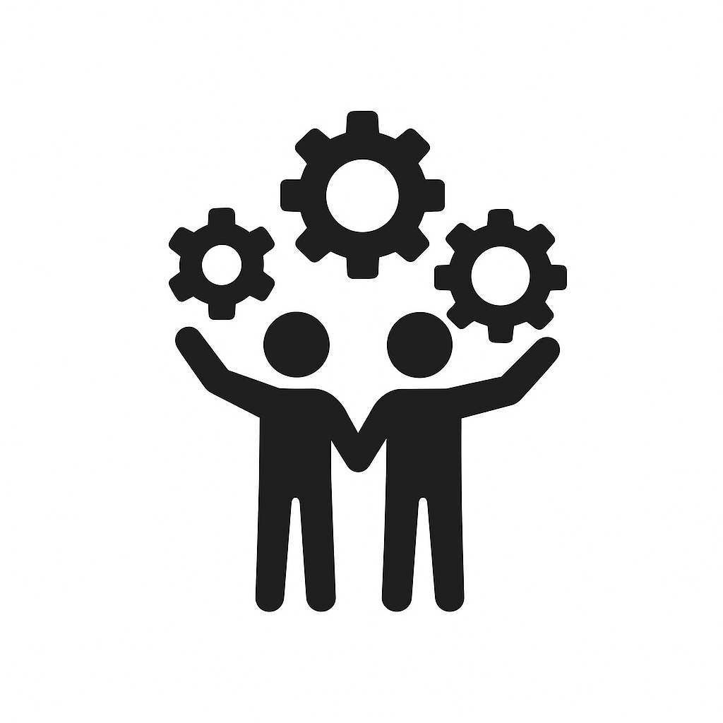 Icon portraying two people holding hands with wheels/cogs above them