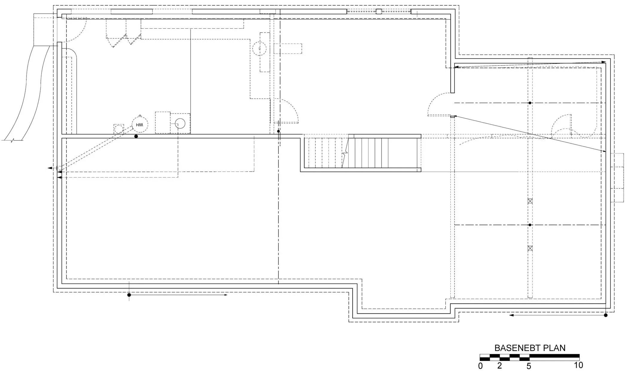 Before plan of the basement level, showing the original open family room and crawlspace footprint prior to excavation and conversion into a guest bedroom and bathroom.