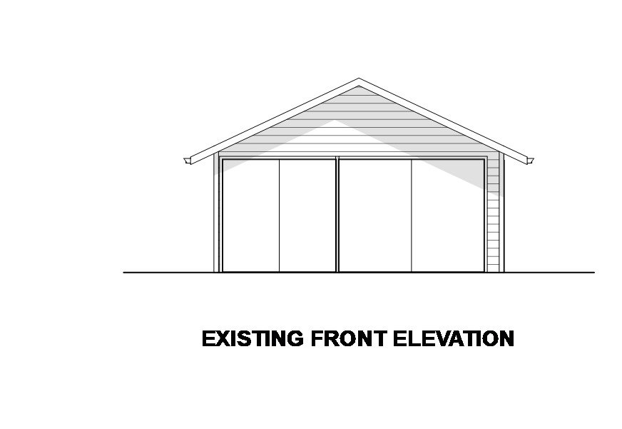 Existing front elevation of the original garage in poor condition, used to document existing exterior conditions before replacement with a new accessory dwelling unit.