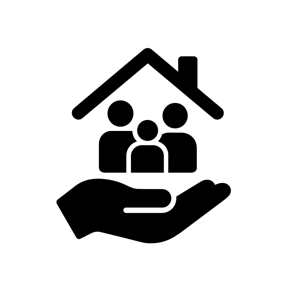 Icon portraying a hand carefully cradling a house full of three people
