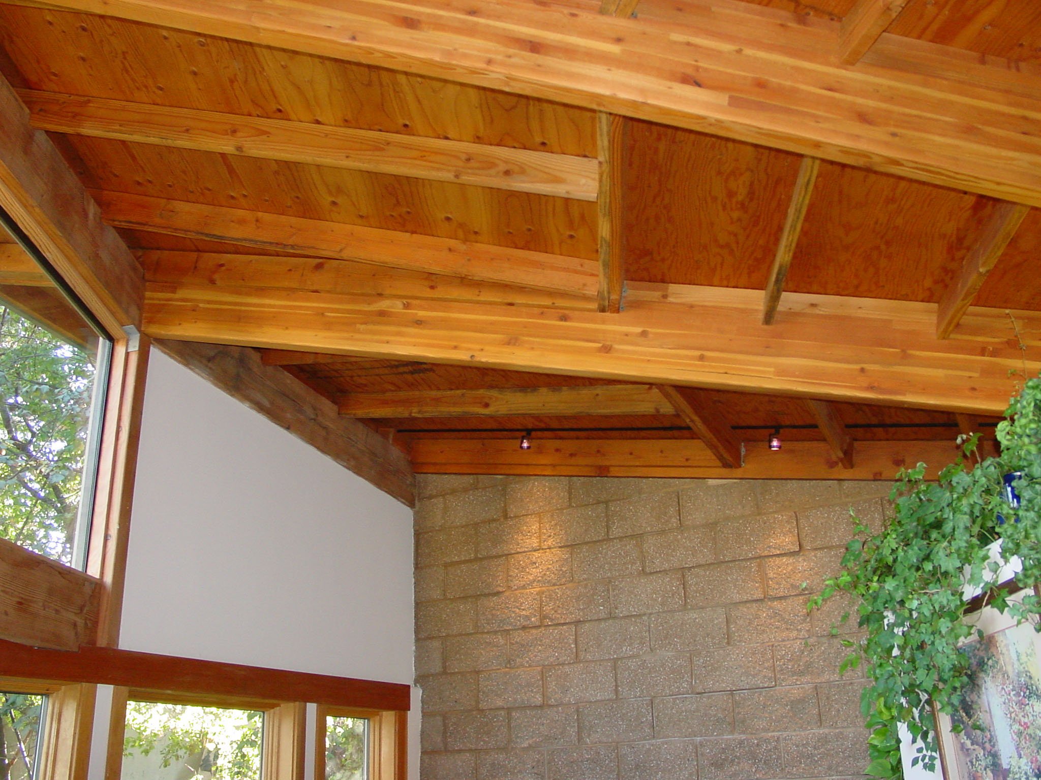 Interior ceiling and wall detail showing exposed wood framing and masonry, with high windows for daylight and privacy in the compact backyard cottage living space.