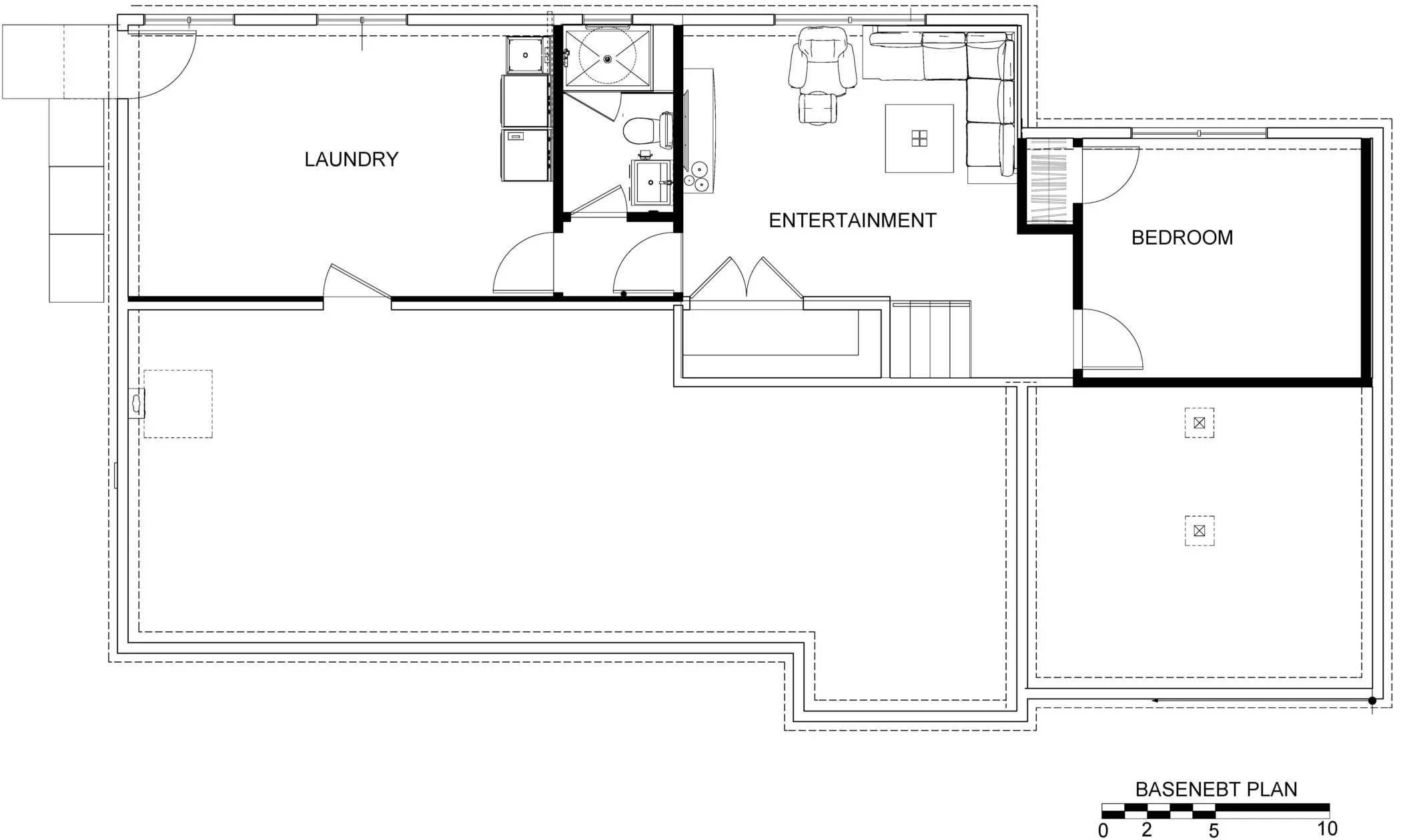 After plan of the excavated basement level with new laundry, entertainment area, guest bathroom, and guest bedroom created from the former family room and crawlspace.