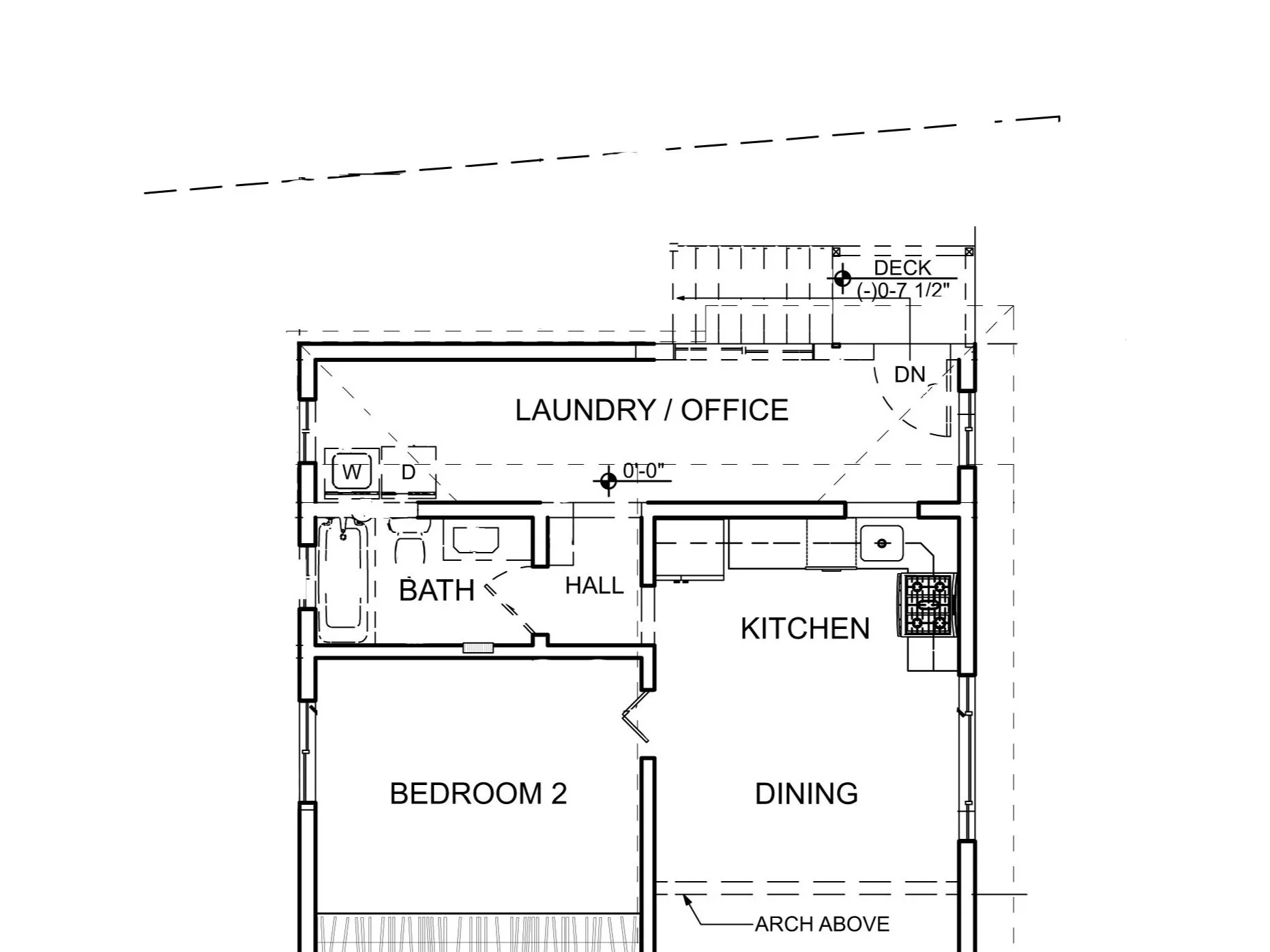 Pre-existing first-floor plan highlighting laundry/office space, bathroom, adjacent bedroom, and circulation to kitchen and dining areas.