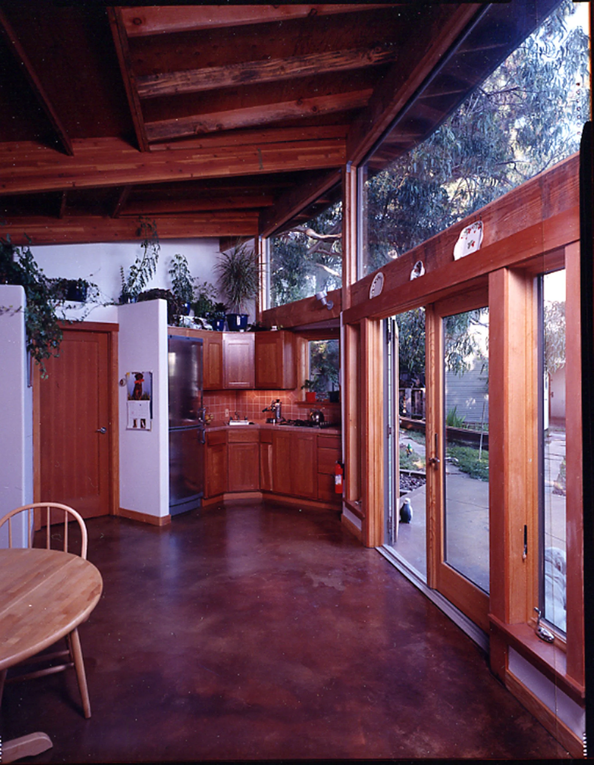 Interior view of the backyard cottage with a compact wood kitchenette, polished concrete floor, tall glass doors, and clerestory windows bringing in garden light.