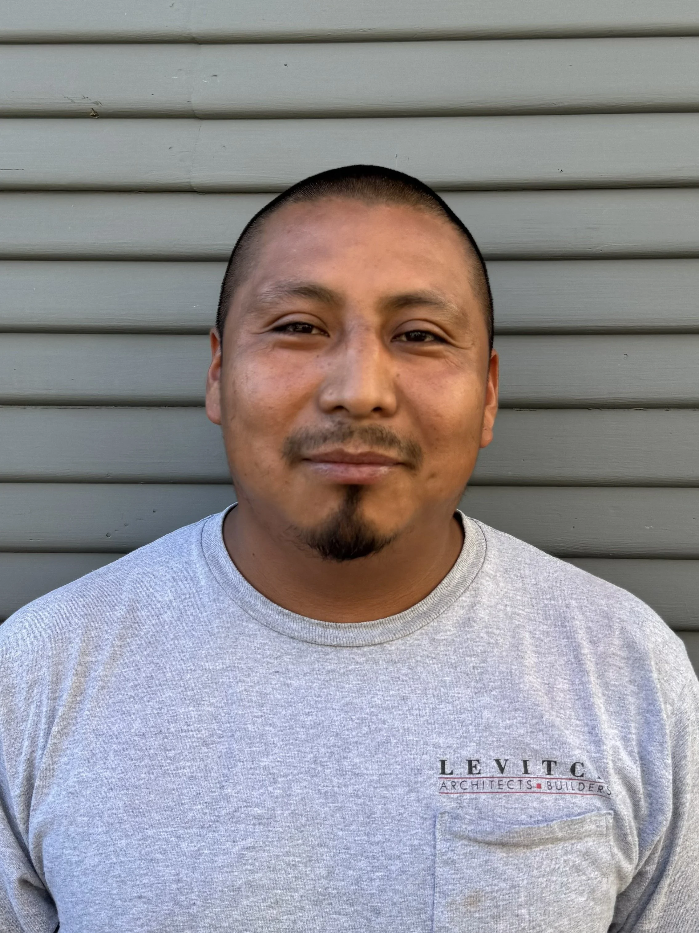 A man with short dark hair and a goatee smiling while standing outdoors in front of a light gray horizontal siding wall, wearing a gray T-shirt with the logo 'Levitc Architects + Builders' on the chest.