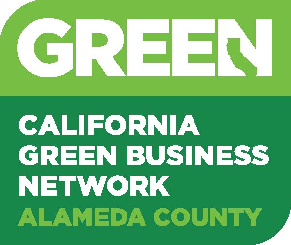 Logo for California Green Business Network in Alameda County with green background and white and green text