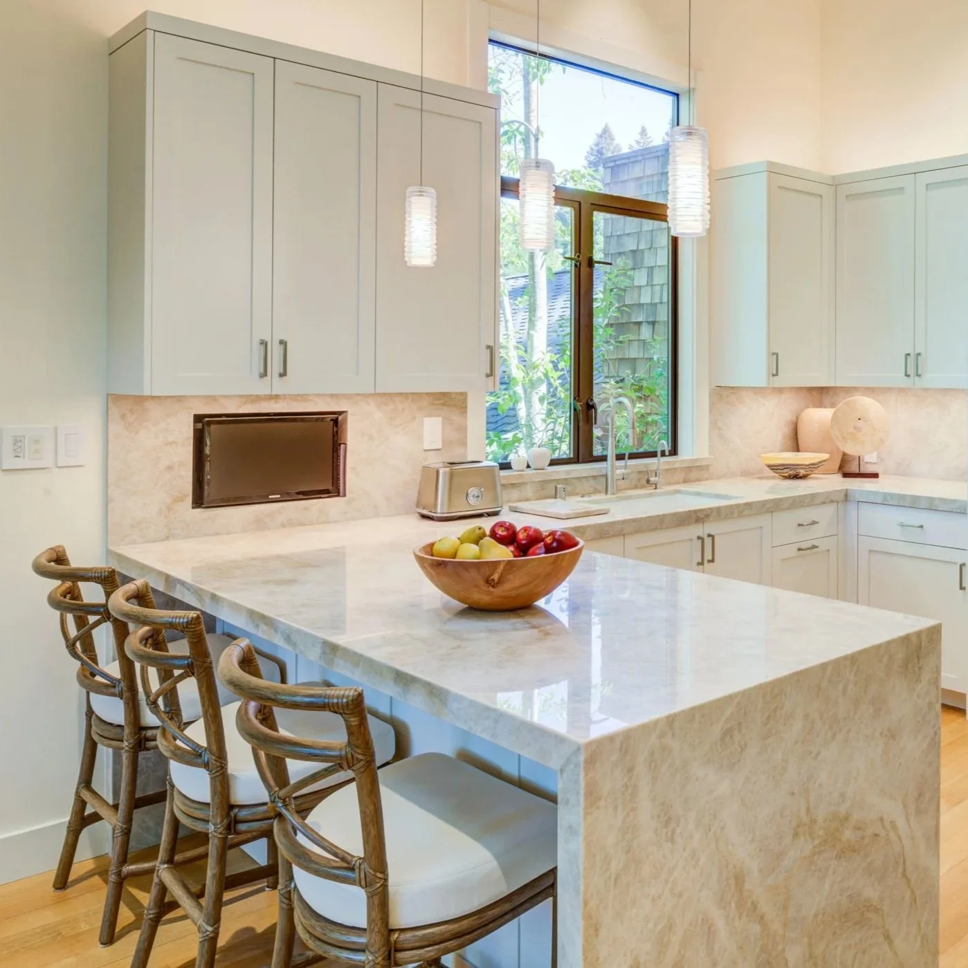 Neutral Compact Kitchen + Living Remodel, Orinda