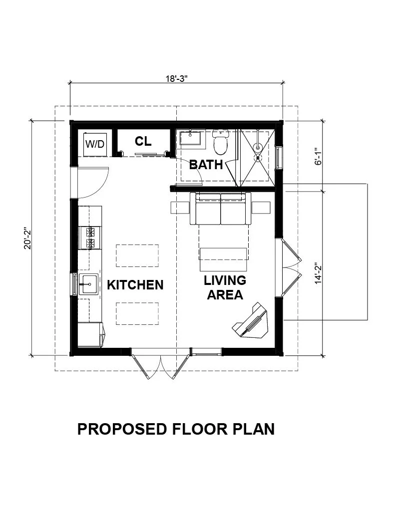 Proposed floor plan illustrating the new 350 square foot studio ADU with living, sleeping, kitchen, and bathroom zones designed within the original garage footprint.