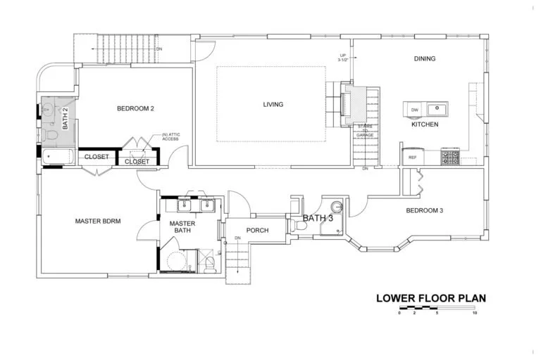 Lower floor plan after remodel showing reconfigured bedroom closets and a new full bathroom added near the foyer, plus updated primary bath layout for better function.