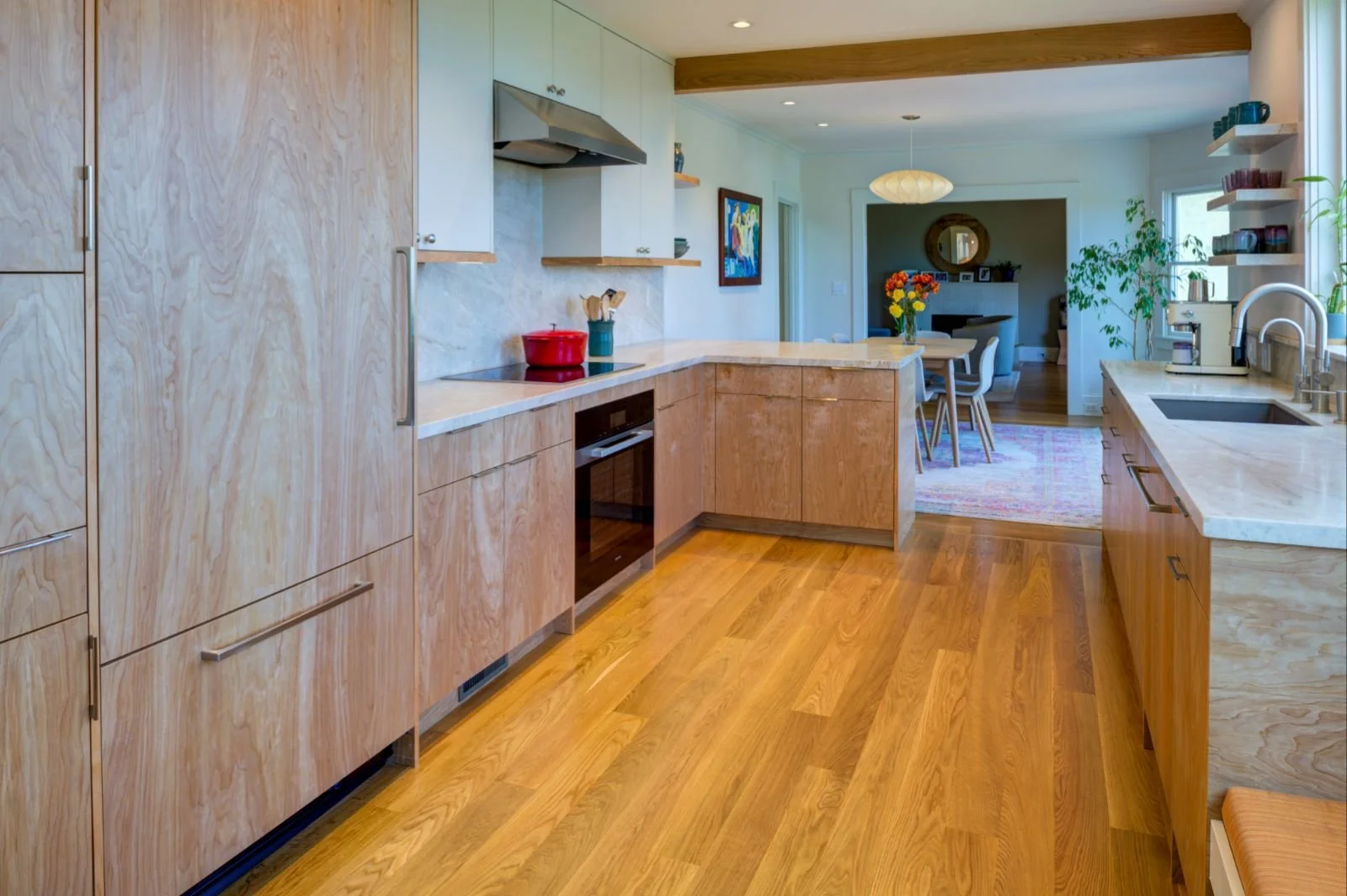 Kitchen view toward Dining Room. A beam replaces the wall that had separated the two rooms.