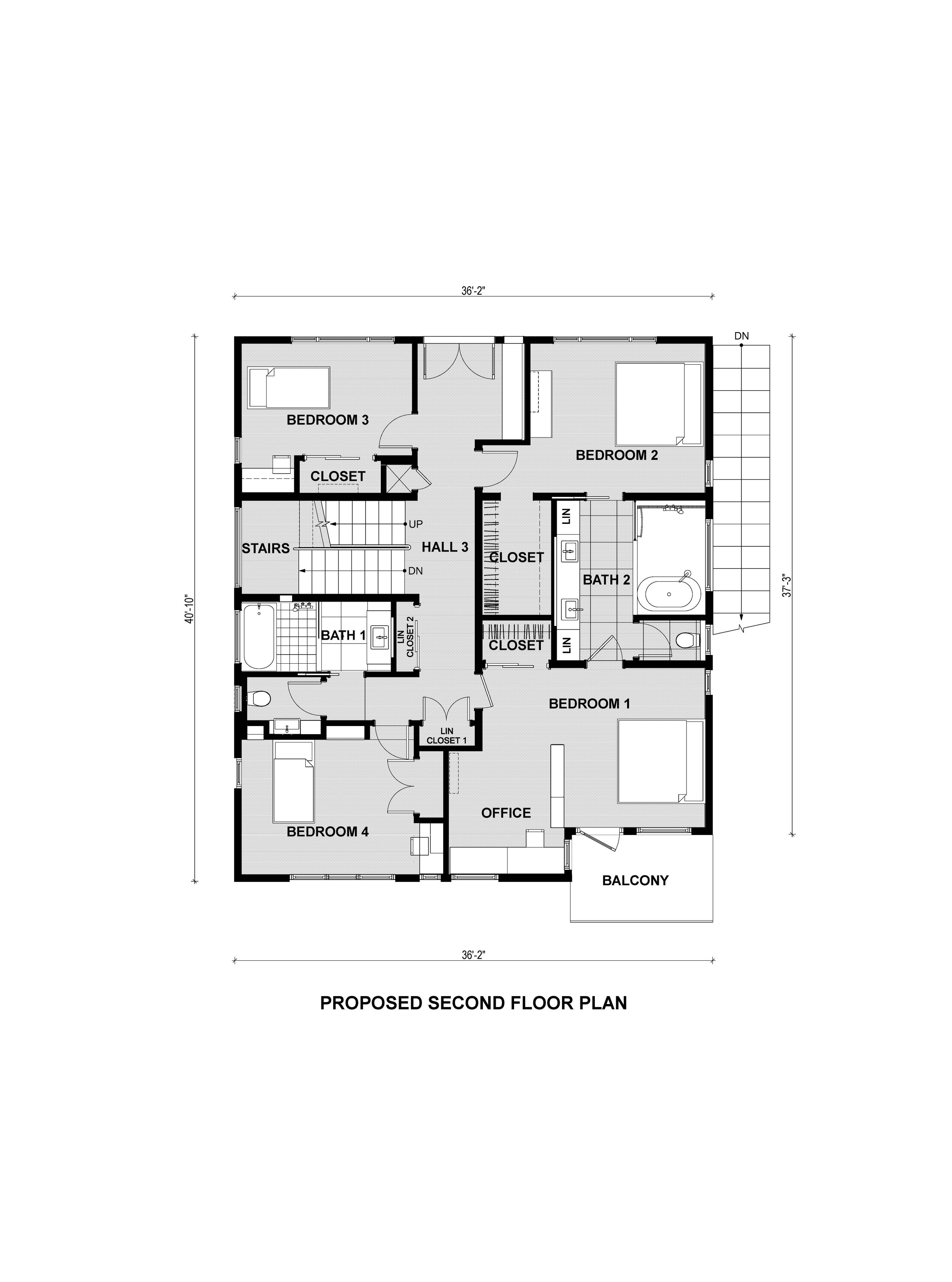 Bedroom level floor plan with 4 Bedrooms, 2 Bathrooms & an office organized around a central hall