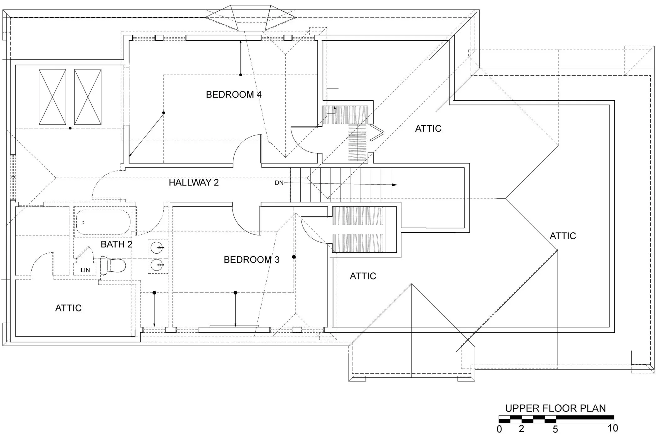Before floor plan of the upper story, showing two bedrooms, a compact hall bath, and surrounding attic areas prior to Levitch reconfiguring the layout for more space.