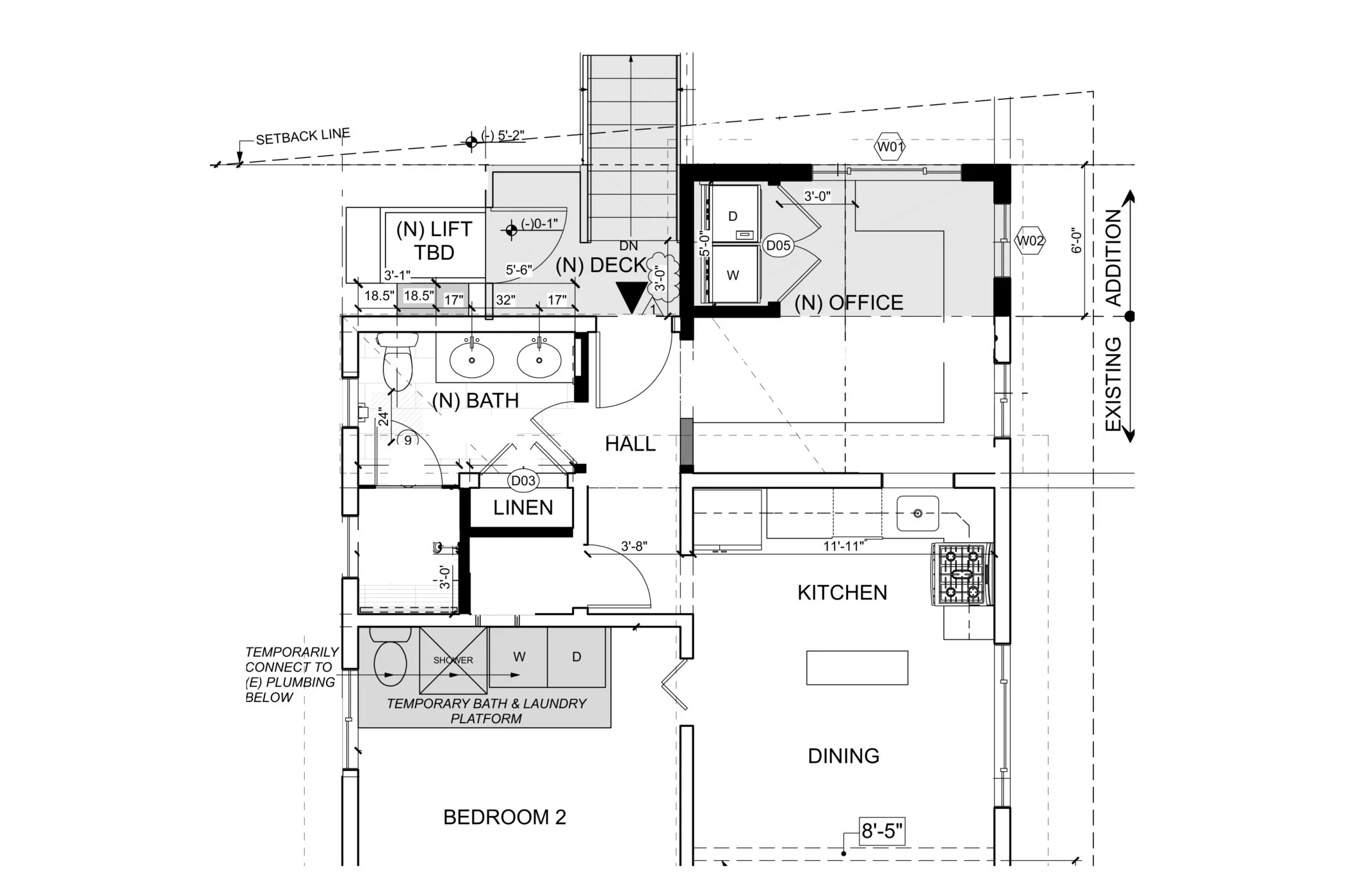 First-floor plan showing new lift addition, small upper deck landing, remodeled bathroom with dual sinks, linen storage, and connection to existing kitchen, dining room, and office in Berkeley accessibility remodel.
