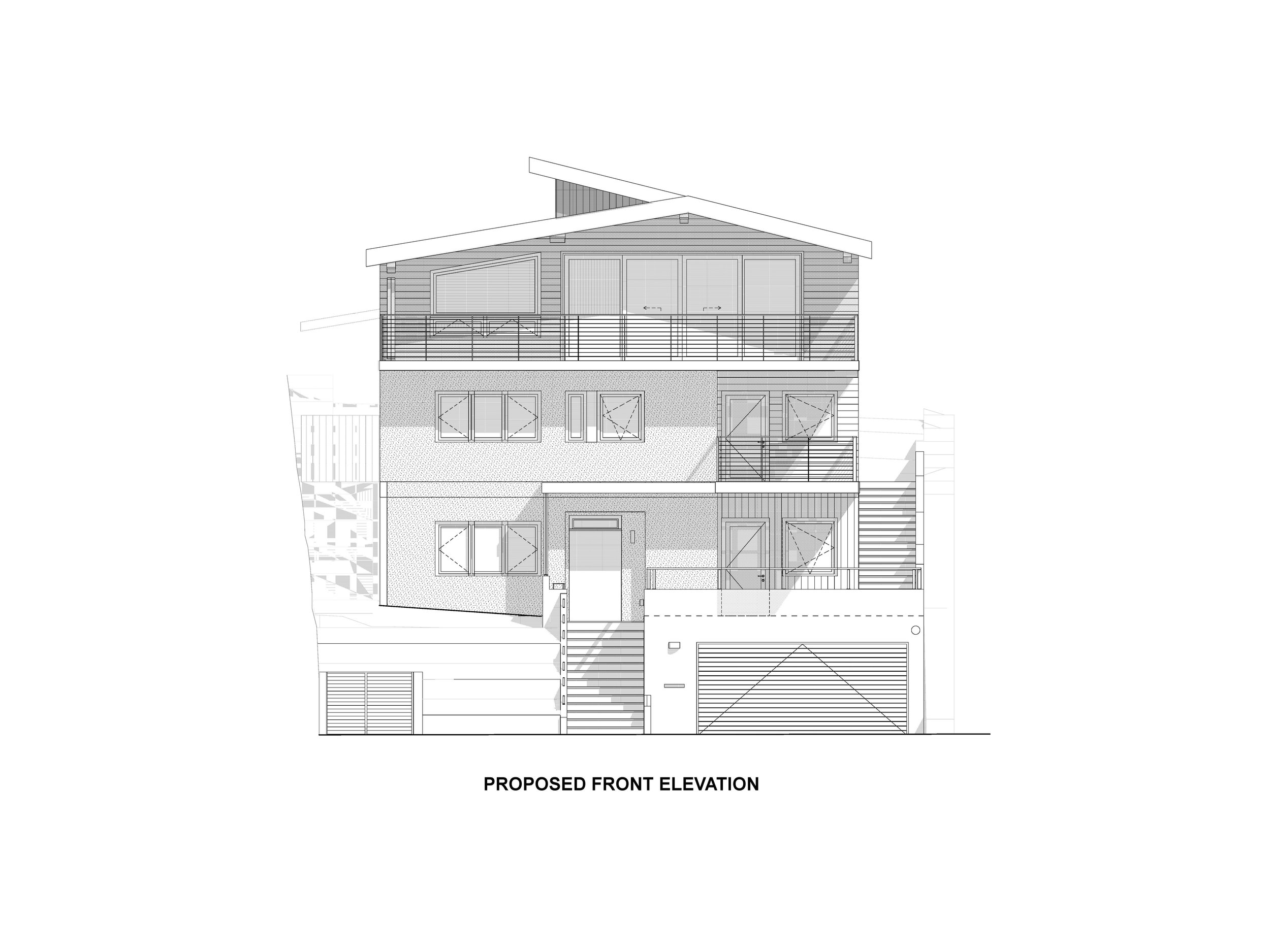 New front elevation drawing with 2-car Garage at street level and 3 living levels above, with balconies to take advantage of Bay views