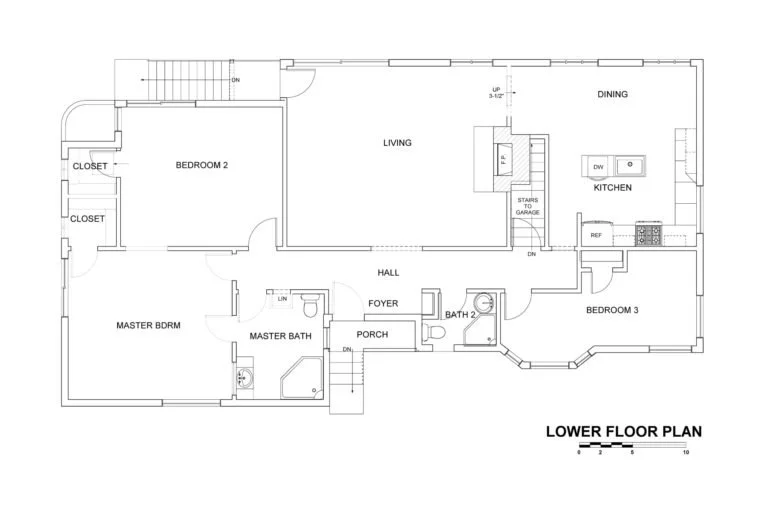 Lower floor plan before remodel showing living and kitchen area with three bedrooms, a primary bath, and a second bath, prior to closet changes and the added full bathroom.