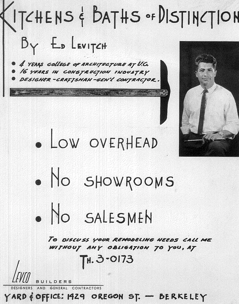 Black and white advertisement for Ed Levitch, a builder specializing in kitchens and baths of distinction. It highlights his background, low overhead, no showrooms, and no salesmen, with contact information and office address in Berkeley.