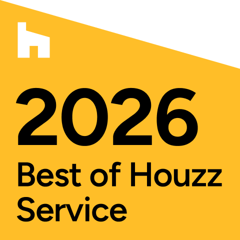 Gold house outline with white Houzz H and black 2026 Best of Houzz Service text