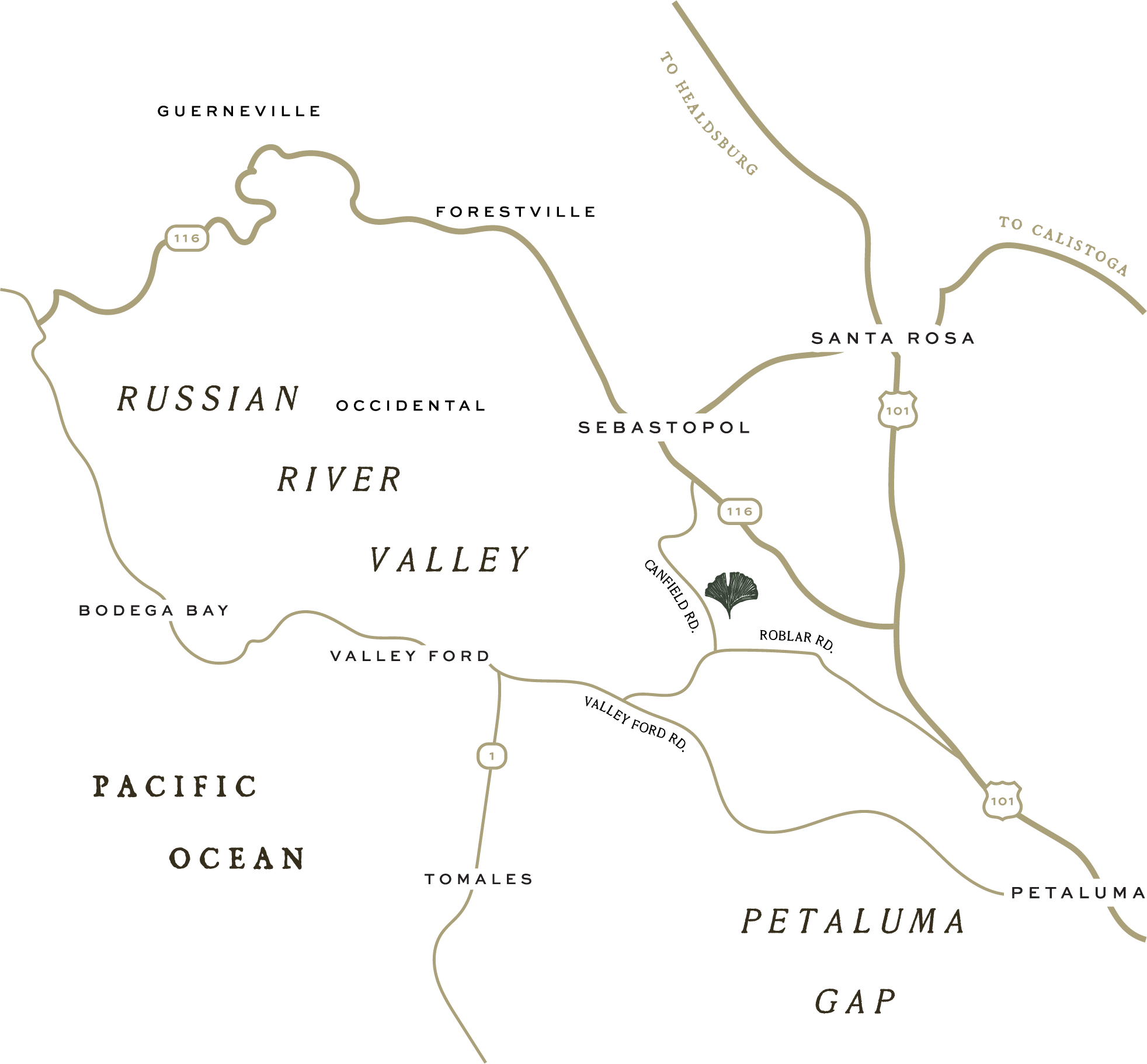 Map of the Russian River Valley area showing roads, towns like Santa Rosa, Sebastopol, Petaluma, and landmarks such as the Russian River, Bodega Bay, and a park with a lake.