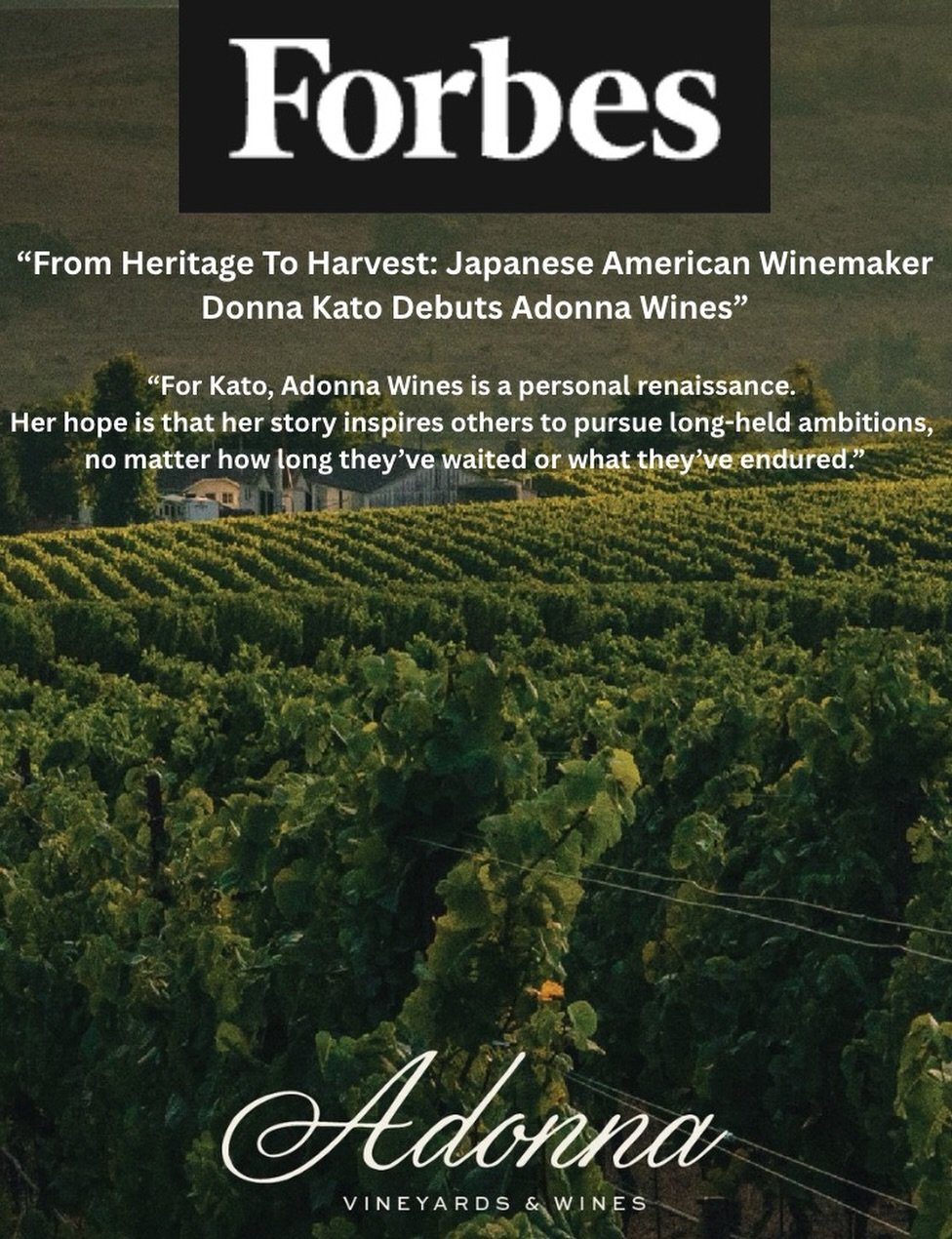 Donna Kato shares with Forbes journalist Chelsea Davis the symbolism, transformation, and personal renaissance behind her new wine brand, Adonna Wines. 

&ldquo;Universally, my story encourages people to never give up on their dreams,&rdquo; Donna sa