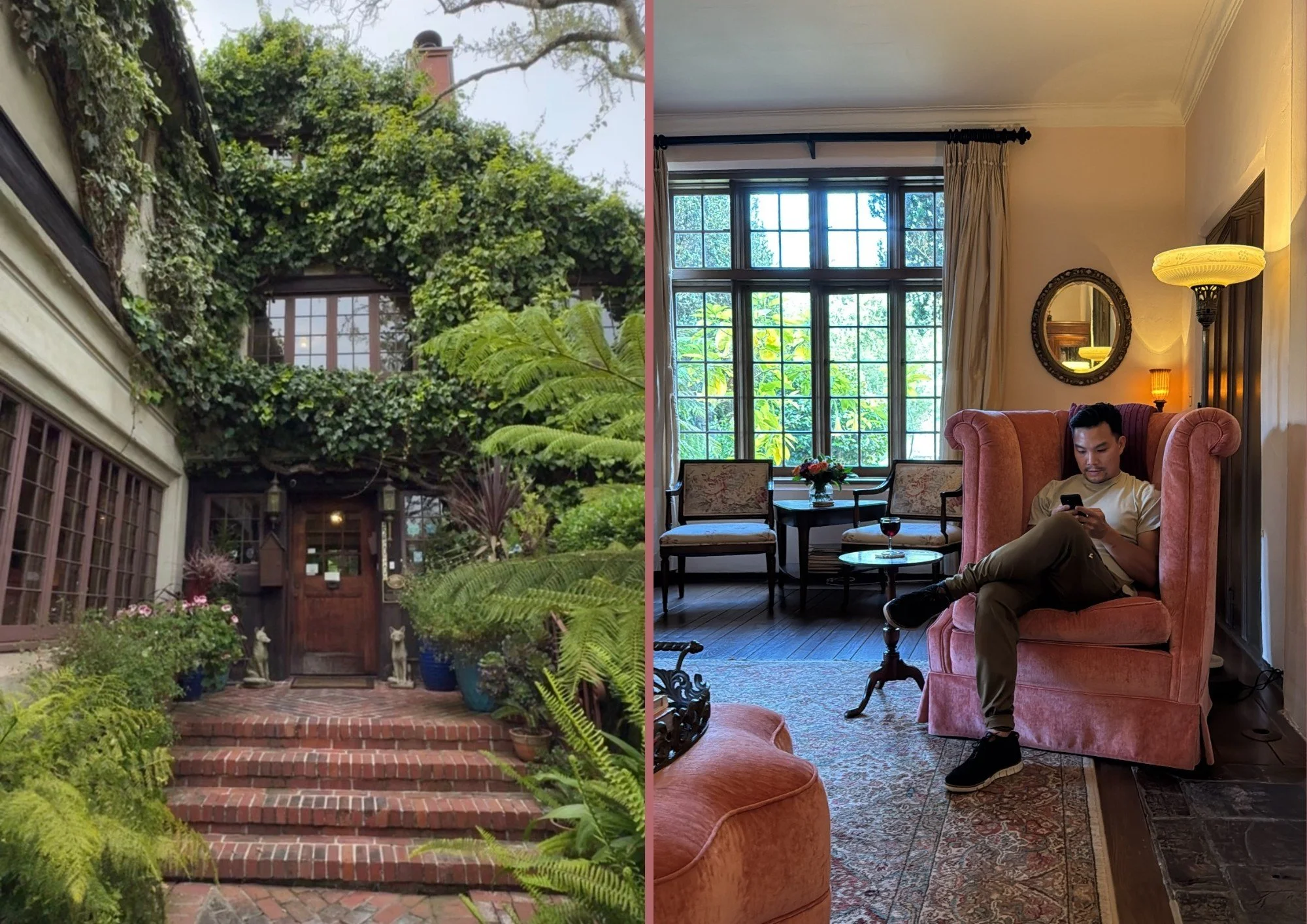 Collage featuring a vine-covered hotel entrance and cozy lounge with oversized velvet chairs and large windows in Monterey, California.