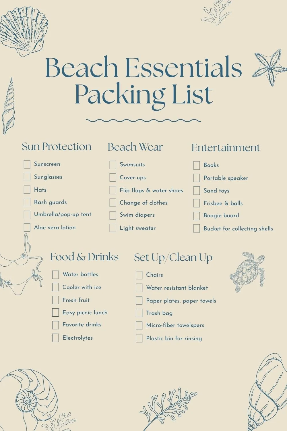 Printable "What to Pack for the Beach" checklist featuring beach essentials including sunscreen, swimsuits, towels, snacks, beach toys, chairs, and other packing items for a beach day.
