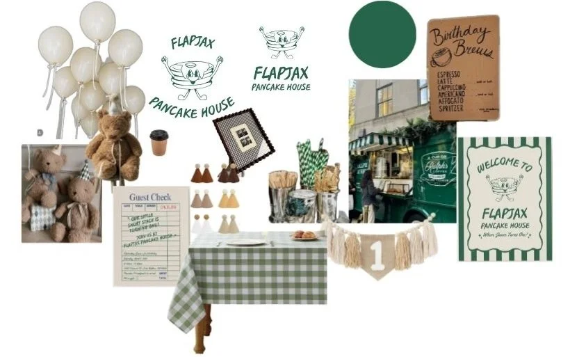 Mood board for a pancake-themed first birthday party featuring green gingham decor, custom FlapJAX branding, breakfast-inspired details, neutral balloons, party signage, and table styling inspiration.