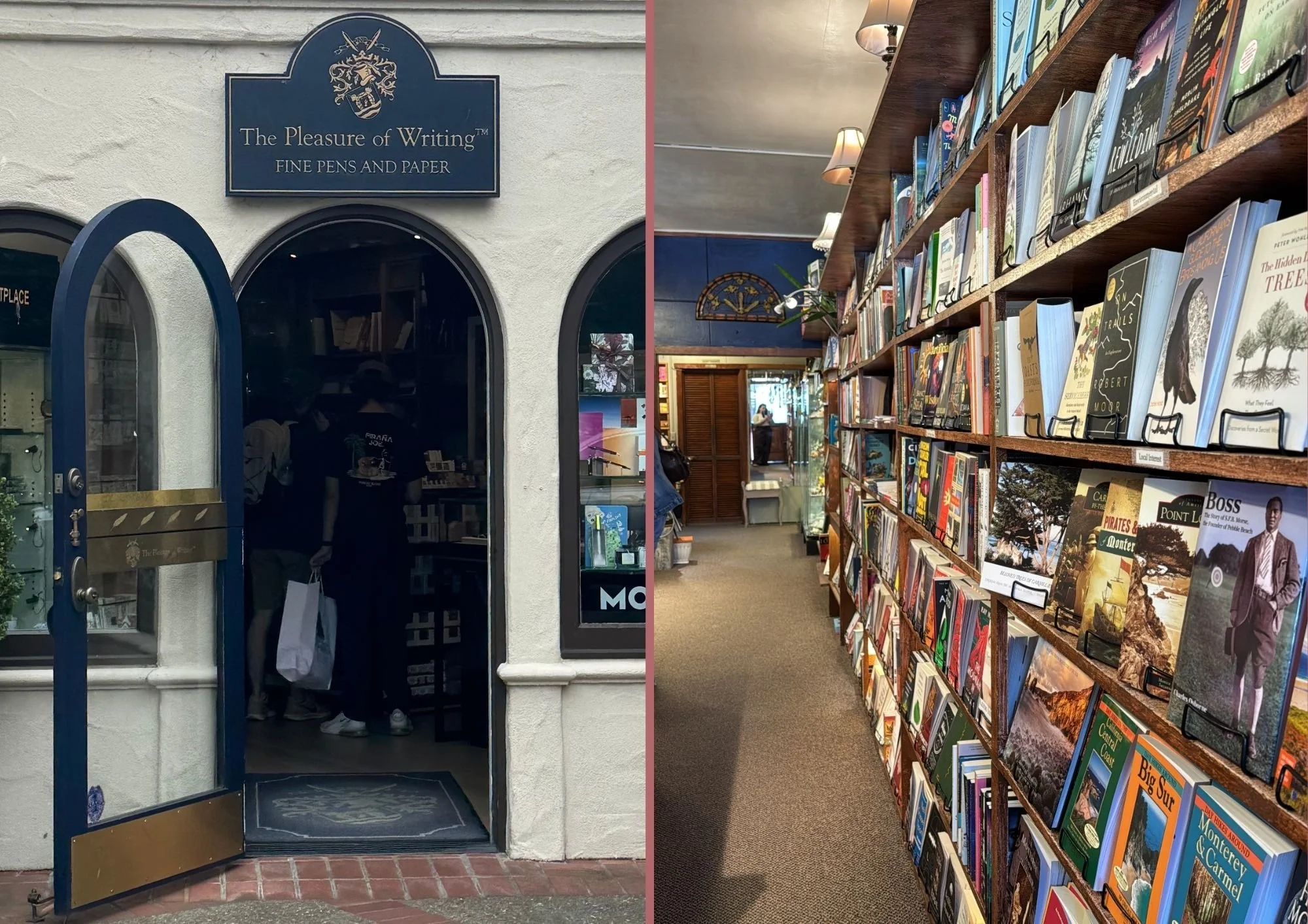 Visitors browsing books and stationery inside a charming independent bookstore in Carmel, California.