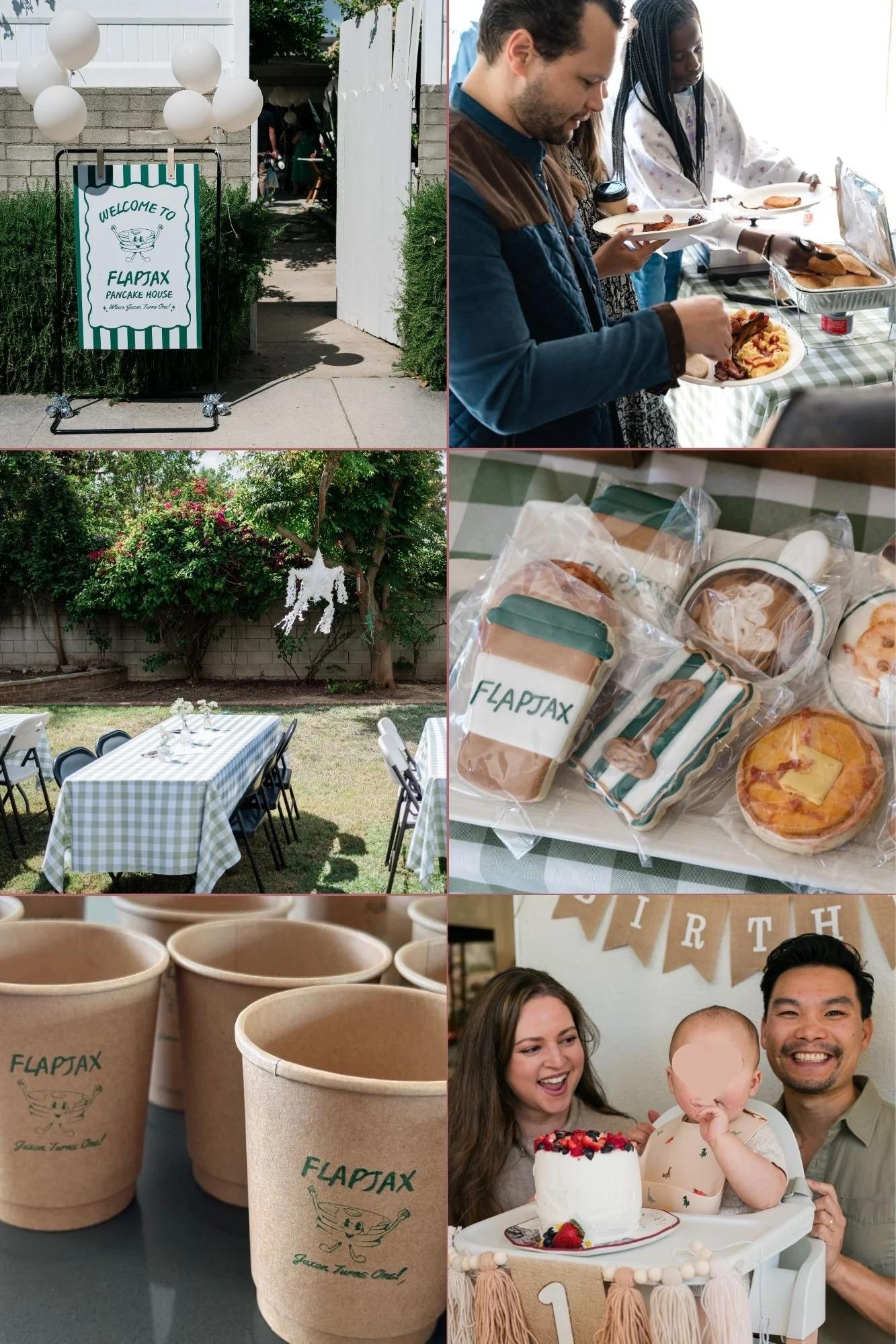 Collage of a pancake-themed first birthday party featuring a breakfast buffet, green gingham decor, custom FlapJAX welcome sign, decorated cookies, party favors, and a baby's smash cake.